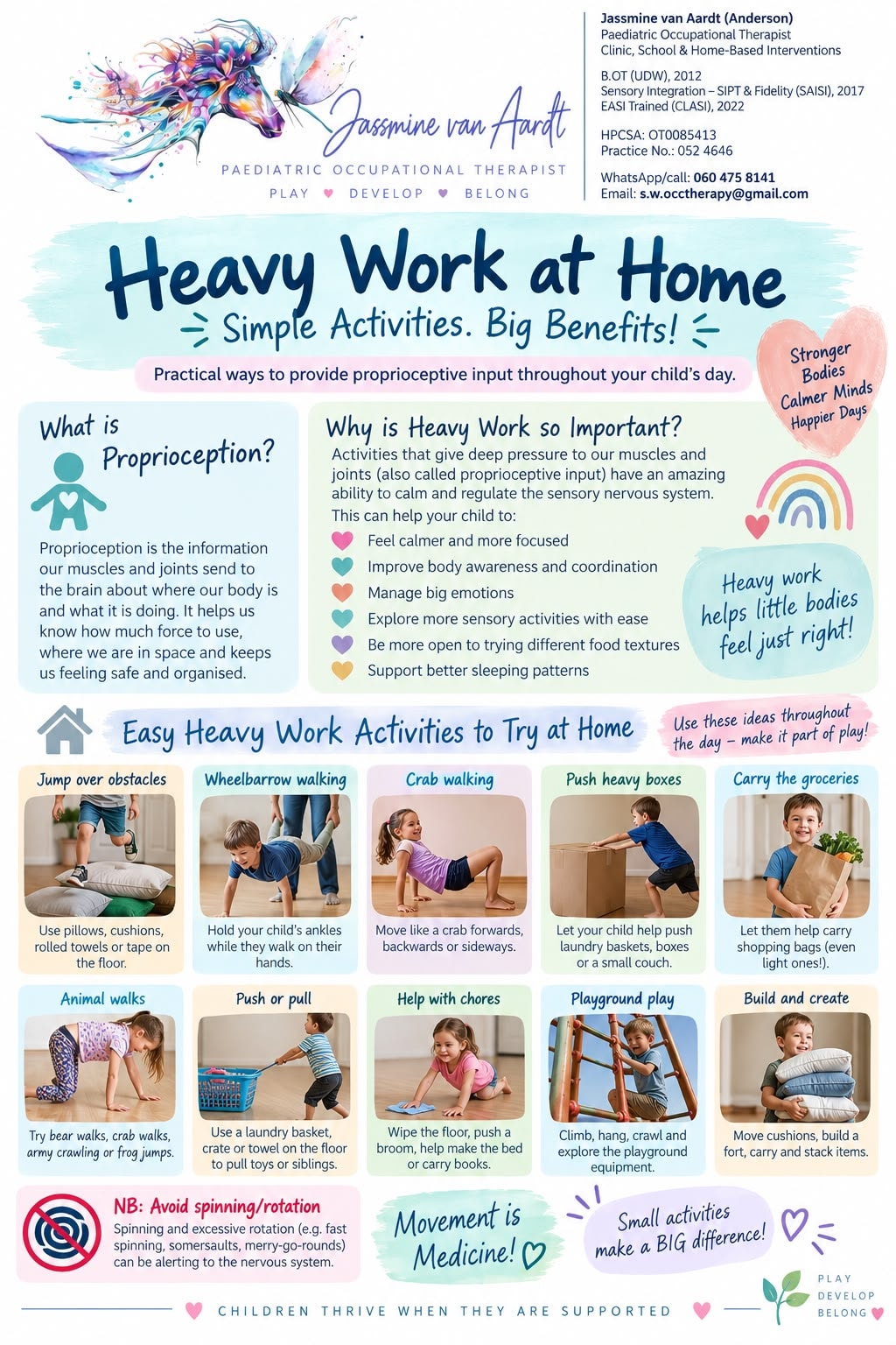 Heavy Work at Home — Simple Activities, Big Benefits. A guide to proprioceptive heavy work activities for children.